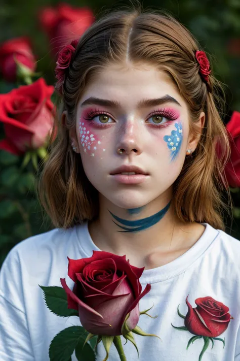 a close up of a girl with a rose painted on her face