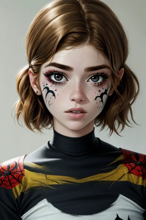 a woman with spider - web makeup and a black top