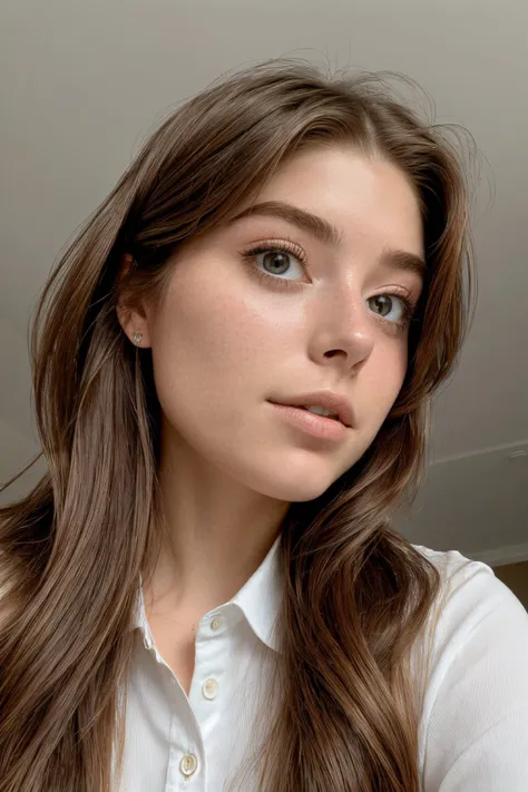 a close up of a woman with long hair wearing a white shirt