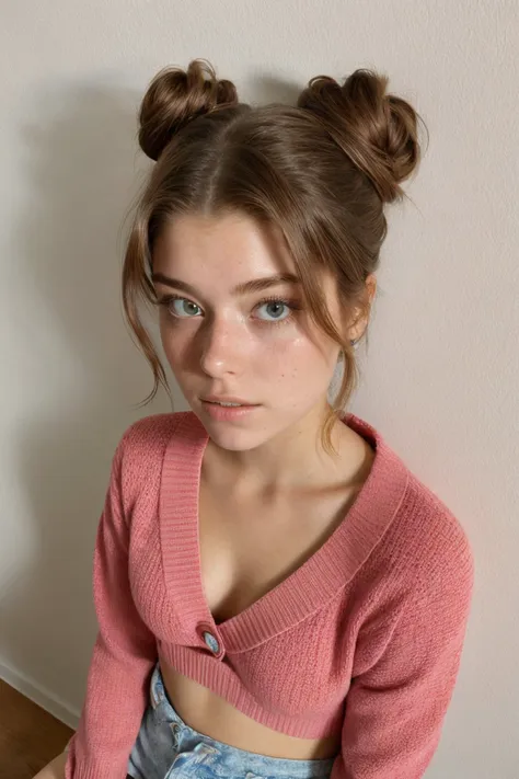 a close up of a woman with a pink sweater and denim shorts