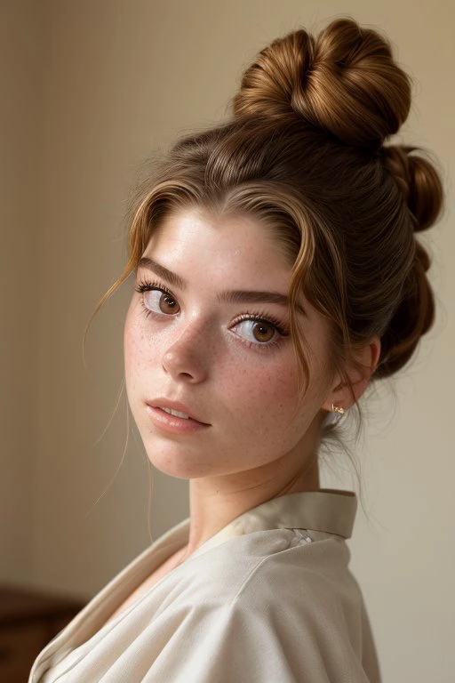 a close up of a woman with a messy bun on her head