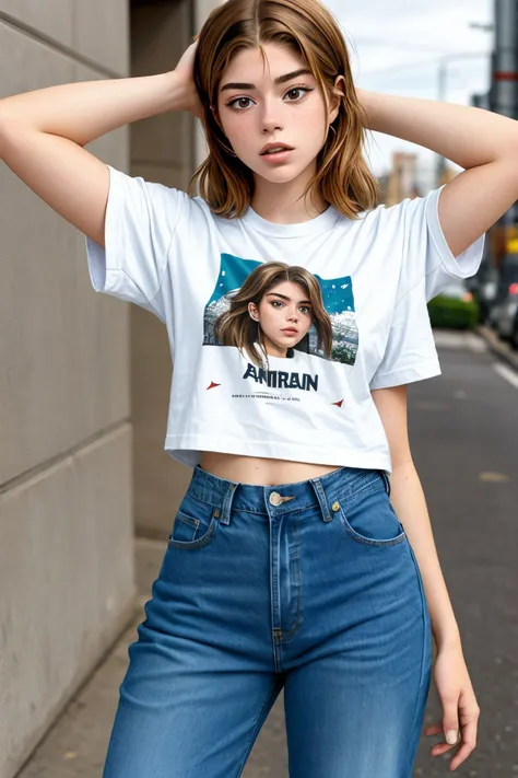 a woman in a white shirt and jeans posing on a street