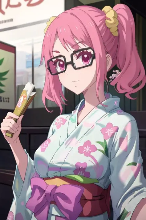 best quality, masterpiece, highres, solo, {yukata:1.40}, {kimono:1.20}, {rina_shioi_mahoushoujosite:1.15}, pink_hair, glasses, pink_eyes, long_hair, scrunchie, hair_ornament, twintails, hair_scrunchie