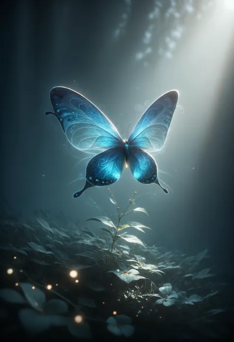 a blue butterfly flying over a leaf covered ground