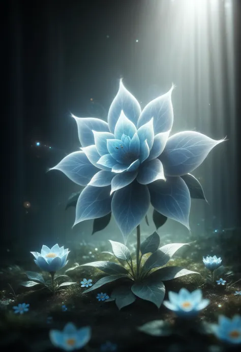 a blue flower with a light shining through it