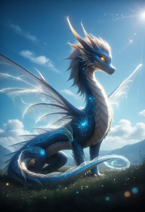 a blue dragon with a glowing tail and wings is sitting on a hill