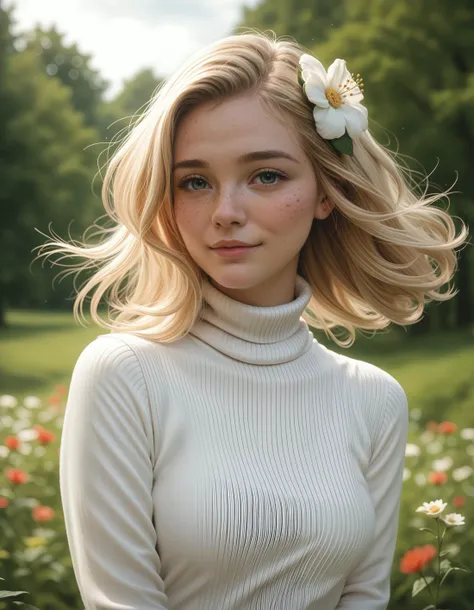 score_9, score_8_up, score_7_up, woman, blonde wild tossled hair, (freckles:1.2) , loving, caring, gentle, delicate, adorable , hair flower, white turtleneck , looking at viewer , outdoors, nature, wind