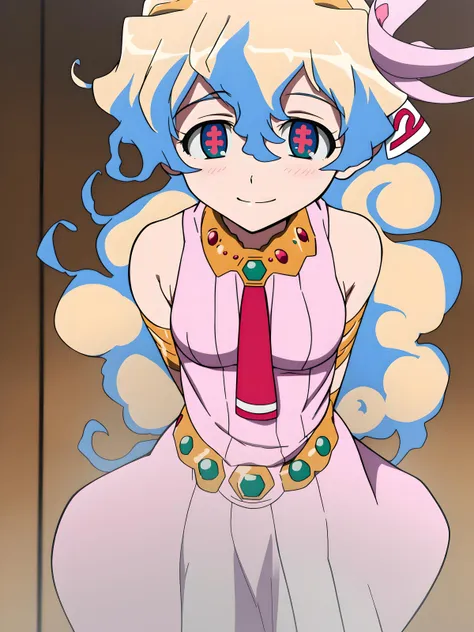 anime girl with blue hair and a pink dress and a red tie