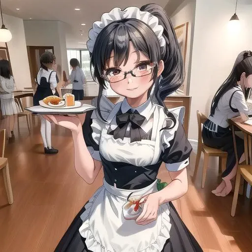 masterpiece, best quality,ultra detail, <lora:anmnr01:0.3>  <lora:add_detail:0.5>,<lora:GoodHands-vanilla:0.8>,girl,maid dress, black ponytail,glasses<lora:maid_dress:0.7>,cafe,bow,welcome,smile,(Omelette rice on table),guests,customer,standing,(holding ke...