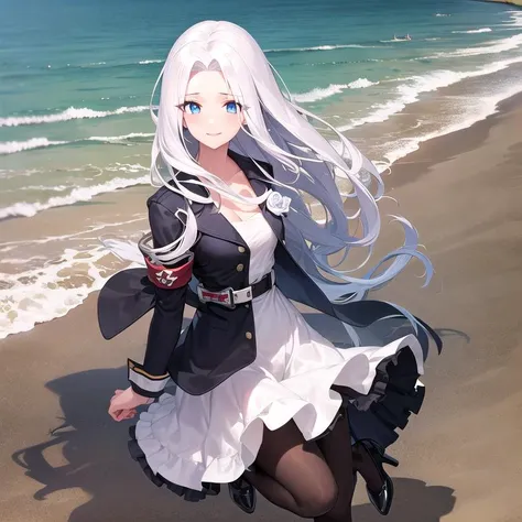 (ultra detailed),(masterpeace),(best quality),(photorealistic), beautiful lighting,CG,(colour:1.2), outdoors, beach, solo, 1girl, <lora:yorktown_azurlaen_V1:1>,yorktown (azur lane), white hair,long_hair,pantyhose,blue_eyes,rose,silver_hair,blue high_heels,...