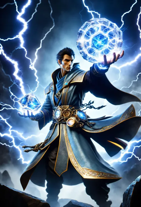 a man in a blue robe holding a ball of lightning