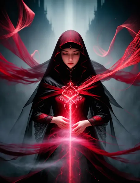 hyper detailed masterpiece, dynamic realistic digital art, awesome quality, person, male duelist  blood magic crimson streams and veils that flow and twine in the air, moving with an eerie life of their own, pulse with every heartbeat, creating an intimate...