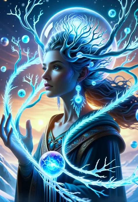 hyper detailed semi realistic 2.5D digital art masterpiece, dynamic, awesome quality,  female druid, cryokinesis (mind over ice and cold)   translucent, shimmering neuron-like, surrounded by floating softly glowing orbs that pulse in rhythm, waves of color...