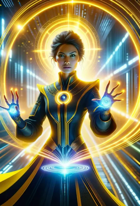 hyper detailed semi realistic 2.5D digital art masterpiece, dynamic, awesome quality,  female quantum sorcerer, control over quantum particles and reality, tech noir  (vertical lines,gestalt principles,enthralling,diarylide yellow radiant,twinkle ,circulat...