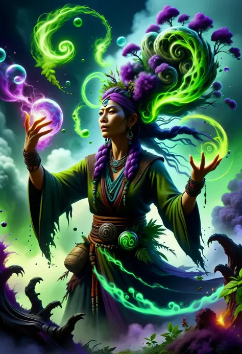 hyper detailed semi realistic 2.5D digital art masterpiece, dynamic, awesome quality,  female shaman, communicating with nature spirits   swirling, noxious cloud of deep purples and sickly greens,  exuding a haze, corrupt the air, bubbles of dangerous-look...