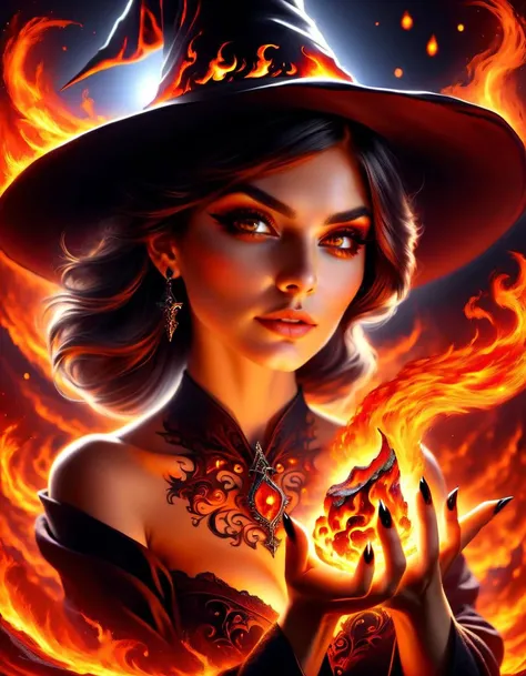 hyper detailed masterpiece, dynamic, awesome quality, a female tattoo witch casting hotglowing lava DonMM4g1cXL magic, Perfect Hands, beautiful face, perfect eyes, dark makeup, eyeliner, piercings