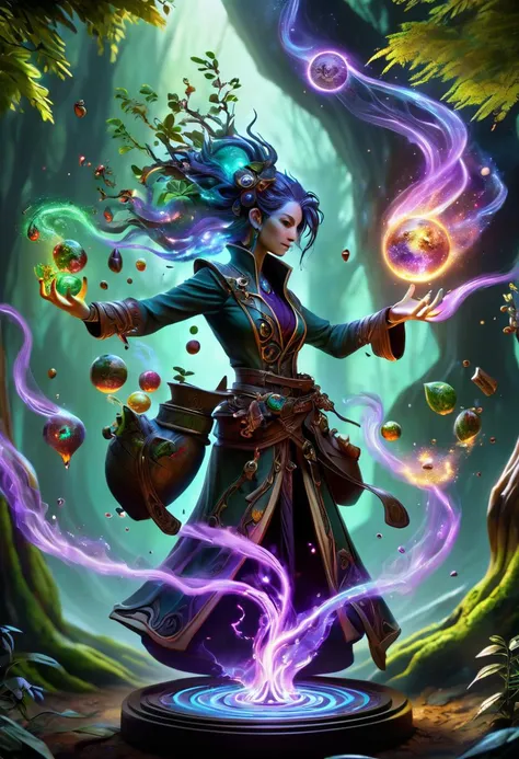 hyper detailed masterpiece, dynamic, awesome quality, female chronomancer Brewing potions jinx shaped like Glyph of unpigmented fertile tree and creation and control of holographic illusions DonMM4g1cXL <lora:DonMM4g1cXL_v1.2:0.8>