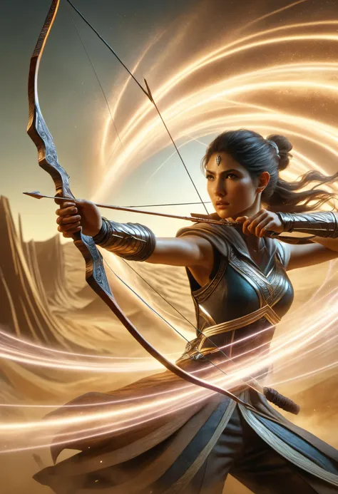 a woman with a bow and arrow in a swirling swirl