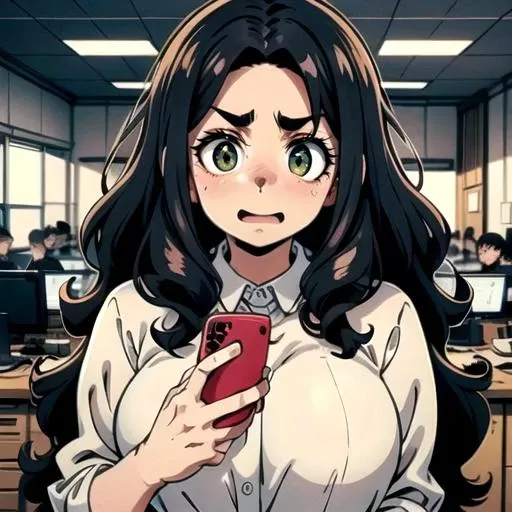 anime girl with long black hair holding a red cell phone