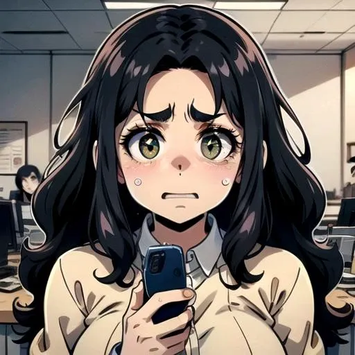 anime girl with long black hair holding a cell phone in her hand