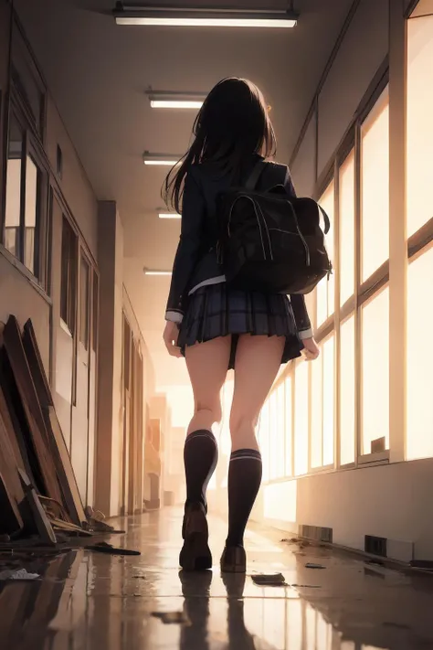 (masterpiece), best quality, extremely detailed, ultra-detailed, illustration, nsfw, bokeh, realism, depth, perspective, composition, color, light, shadow, reflection, refraction, tone,1girl, school uniform, from behind, walking away, sunset,<lora:school_h...