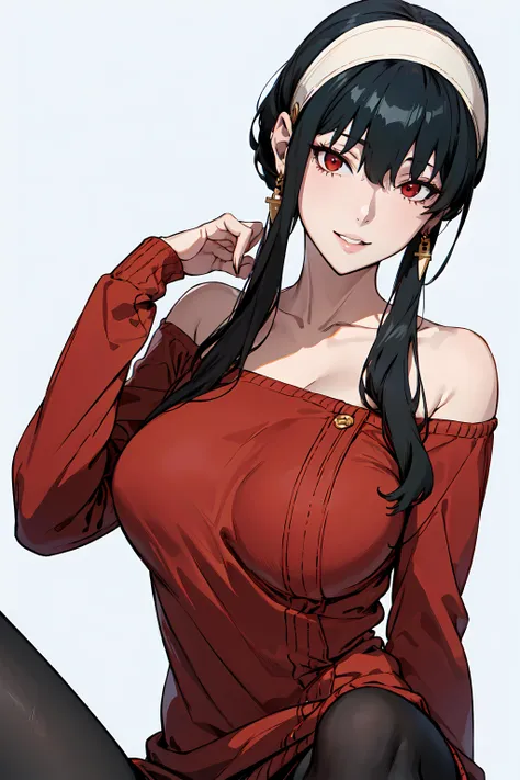 anime girl with long black hair wearing a red top and black tights