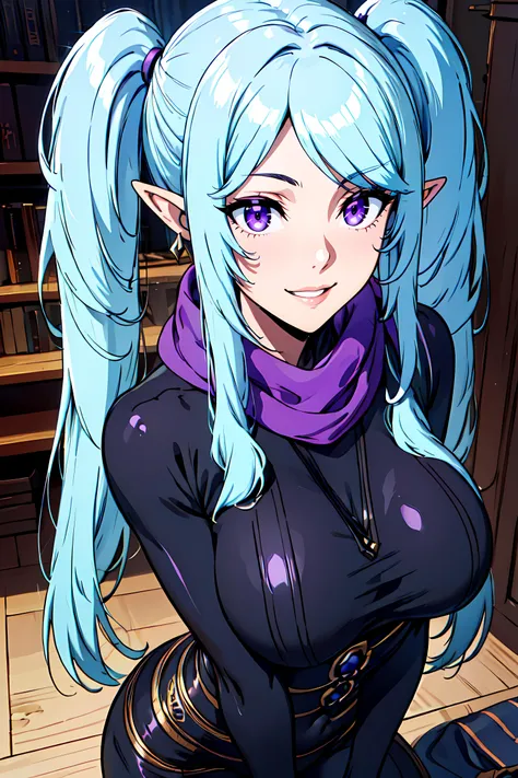 a close up of a cartoon girl with blue hair and a purple scarf