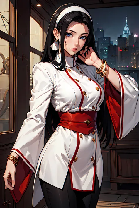 anime girl in a white and red uniform standing in front of a window