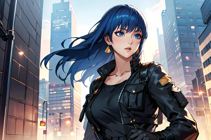 anime girl with blue hair and black jacket standing in a city