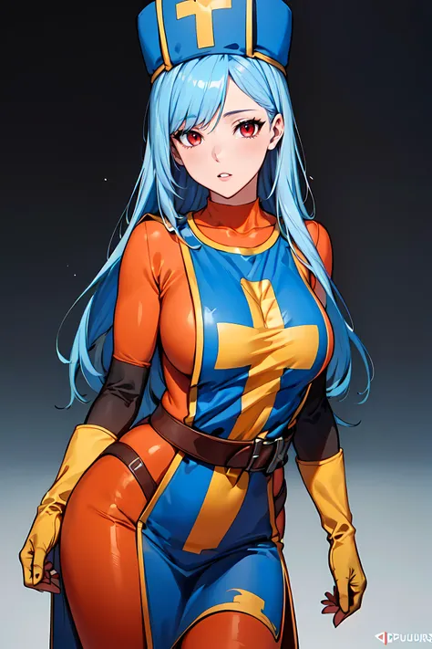 a woman in a blue and orange outfit with a sword