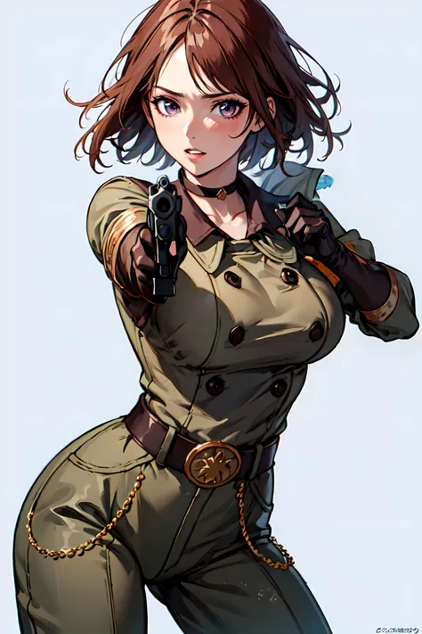 a woman in a military outfit holding a gun