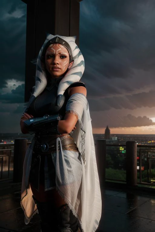 a woman in a costume standing on a balcony with a sword