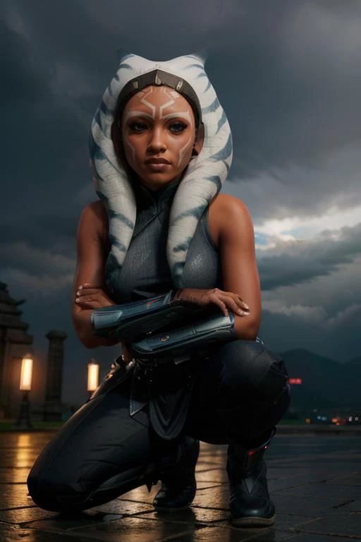 a woman in a star wars outfit crouches down with a gun