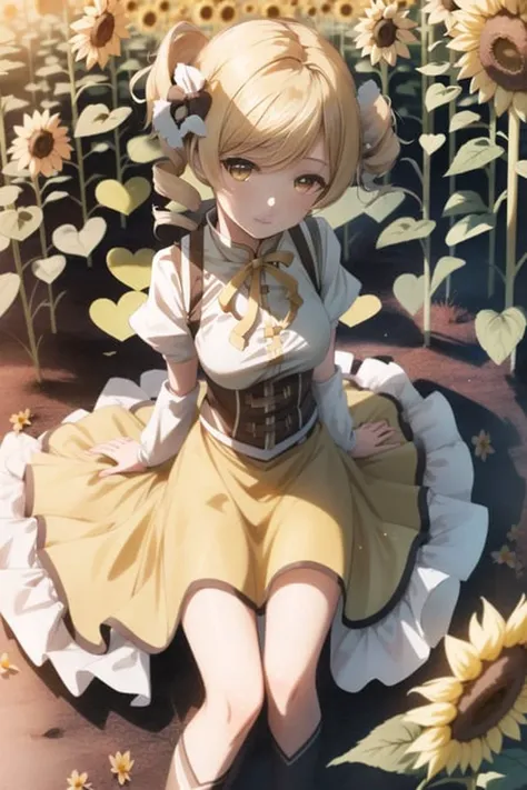 1girl, from_above, solo, mami tomoe, sunflowers, (detailed reflective anime style eyes), golden hour, reflections, detailed text...