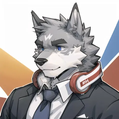 ((grey fur)), break mammal, furry, kemono, anthro, indigo eyes, break (red ((white)) headphones around neck), break white shirt,...