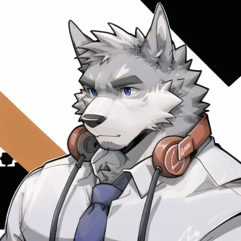 ((grey fur)), break mammal, furry, kemono, anthro, indigo eyes, break (red ((white)) headphones around neck), break white shirt,...