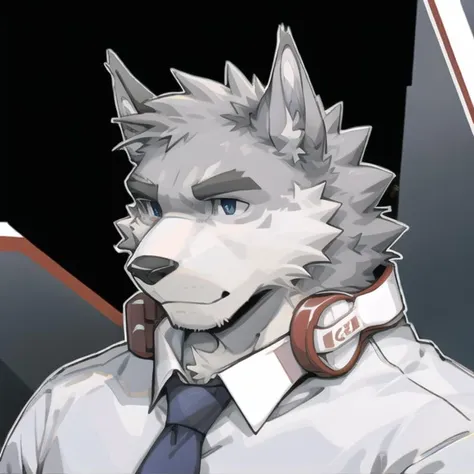 ((grey fur)), break mammal, furry, kemono, anthro, indigo eyes, break (red ((white)) headphones around neck), break white shirt,...