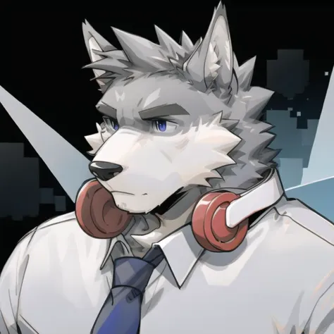 ((grey fur)), break mammal, furry, kemono, anthro, indigo eyes, break (red ((white)) headphones around neck), break white shirt,...