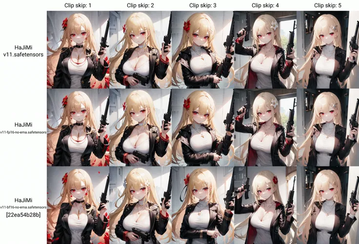 1girl, red eyes, blonde hair, hair ornament, looking at viewer, solo, necklace, upper body, large breasts, hair flower, jewelry, black jacket, closed mouth, long sleeves, 
weapon, gun, holding, holding weapon, holding gun, handgun, (aiming at viewer:1.3),