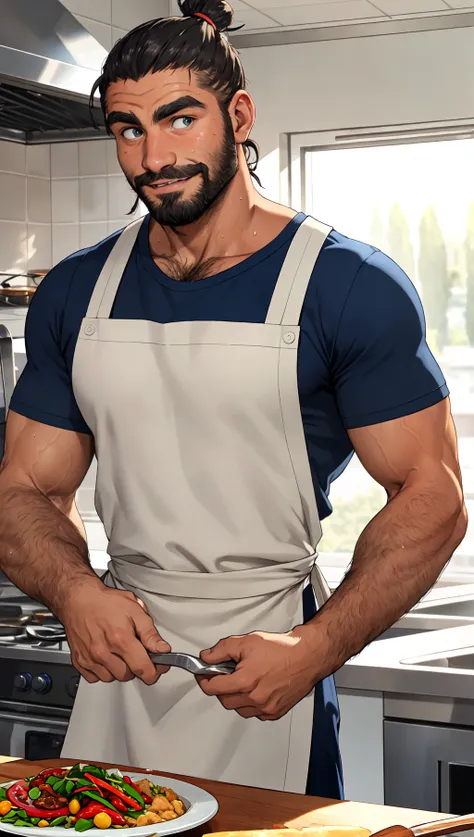 ASCIIMasterpiece, hd, professional photograph, highly detailed, high quality, solo focus, male focus, cute man (hairy, Greek, tan skin, man bun), restaurant kitchen, sweaty, apron, cooking