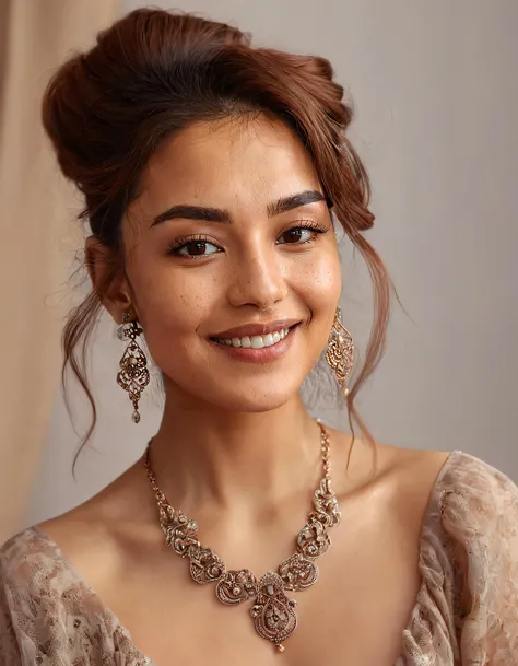 a woman posing for a photo shoot. Capturing the essence of her allure, the woman with flowing brown hair, adorned by a delicate necklace and stylish earrings, smiled as she gazed confidently into the camera lens, effortlessly drawing in viewers eyes. jazmi...