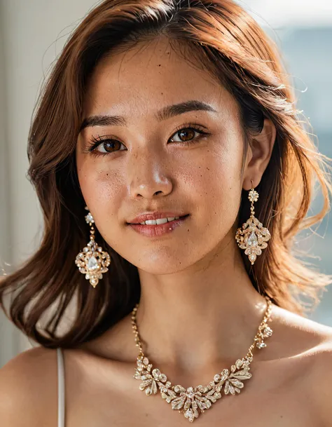 a woman wearing a necklace and earrings with a necklace and earrings