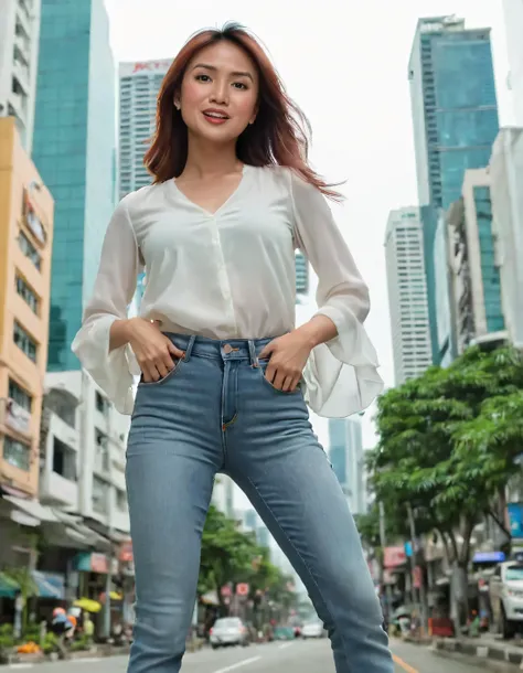 araffe woman in white shirt and jeans standing on a city street