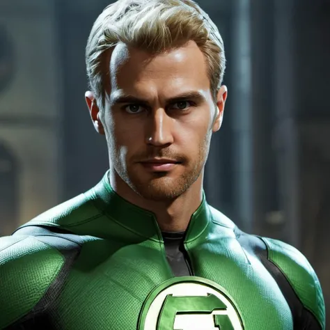 Hyperrealistic art close-up photo of th3o a man, blonde hair, wearing a green lantern outfit, at arkham city, looking at viewer,  <lora:Theo_James_SDXL:.9> . Extremely high-resolution details, photographic, realism pushed to extreme, fine texture, incredib...