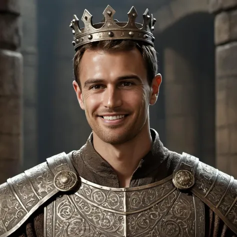 Hyperrealistic art close-up photo of th3o a man, smiling, at a dungeon, dressed as a king, short brown hair,  <lora:Theo_James_SDXL:.9> . Extremely high-resolution details, photographic, realism pushed to extreme, fine texture, incredibly lifelike