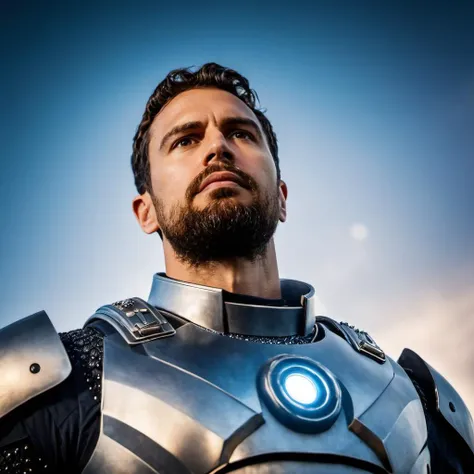 cinematic film still close-up photo of th3o a man, from below view, wearing a galaxy armor outfit, beard, at a galaxy,,  <lora:Theo_James_SDXL:.9> . shallow depth of field, vignette, highly detailed, high budget, bokeh, cinemascope, moody, epic, gorgeous, ...