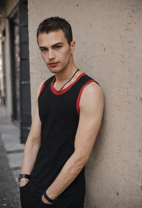 sensual <lora:Theo_James_SDXL:0.8> looking at viewer, th3o a man, wearing fitted black and red sleeveless urban goth streetwear, leaning against a wall, in a barrio, fashion editorial, confident expression