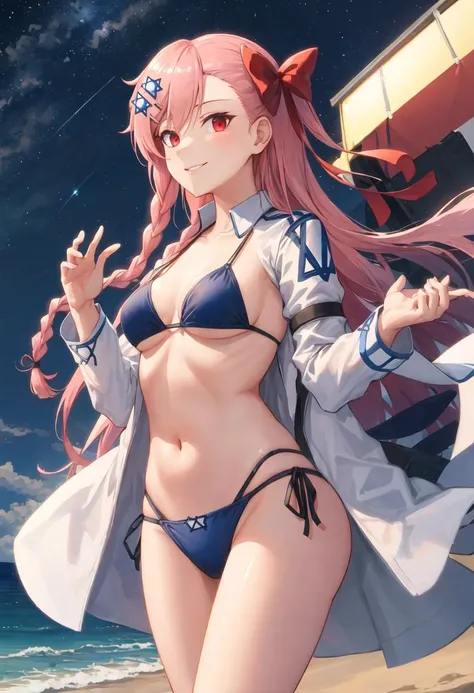 best quality, masterpiece, highres, solo, {negev_girlsfrontline:0.90}, {night:1.10}, {starry sky:1.10}, beach, beautiful detailed sky, {extremely detailed background:1.20}, {standing:1.10}, looking at viewer, {bikini:1.30}, light smile