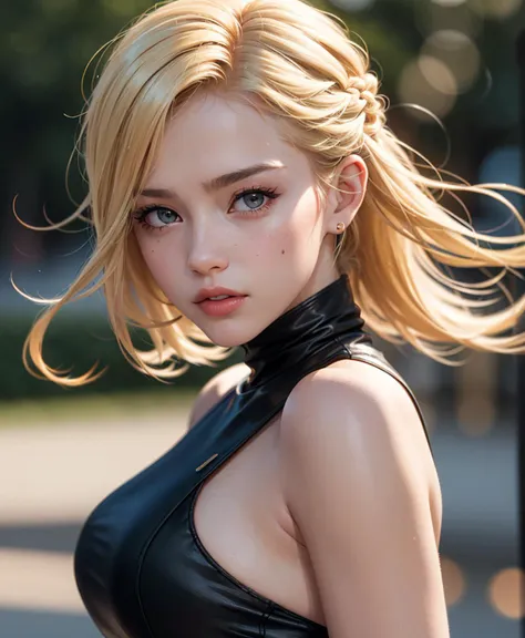 a close up of a woman in a black top and a black top