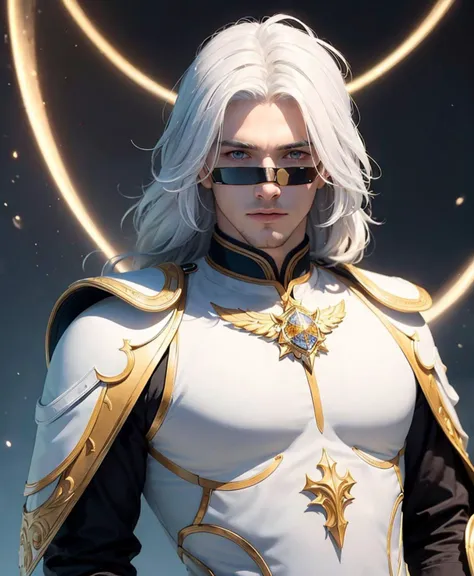 a close up of a person with white hair and a sword